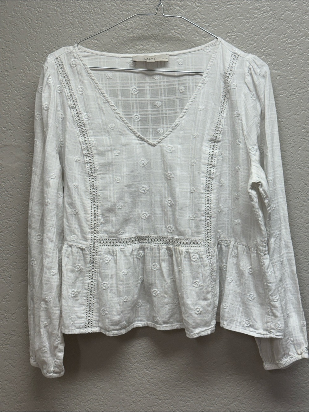 LOFT White Embroidered V-Neck Peplum Top